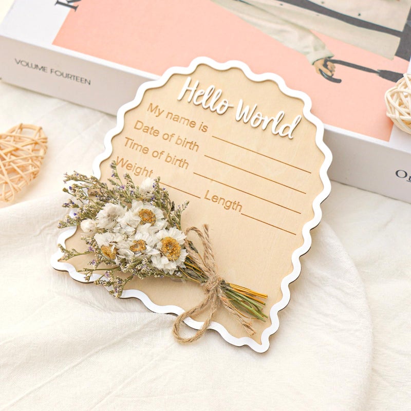 Wonhibo Daisy Newborn Announcement Sign - Baby Hospital Photo Prop Wooden Board Card with Real Pressed Flowers Hello World - Image 2